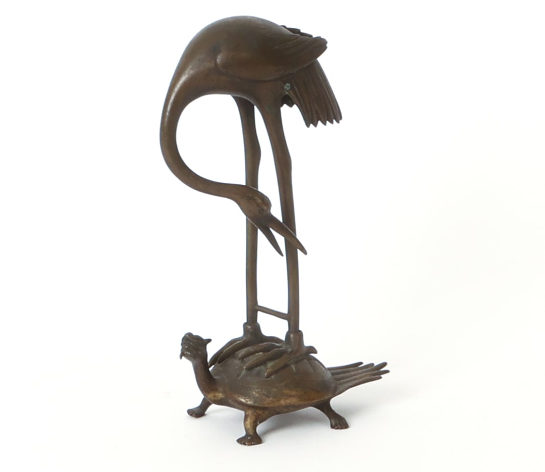 ANTIQUE JAPANESE BRONZE CRANE TORTOISE SCULPTURE: Antique Figure of a crane standing on a Lo Shu tortoise. Apparently unmarked. Crane can be removed from tortoise. Dimensions: H 8.75" x W 5.25" x D 3". Condition: Patina to surface with few spots of o