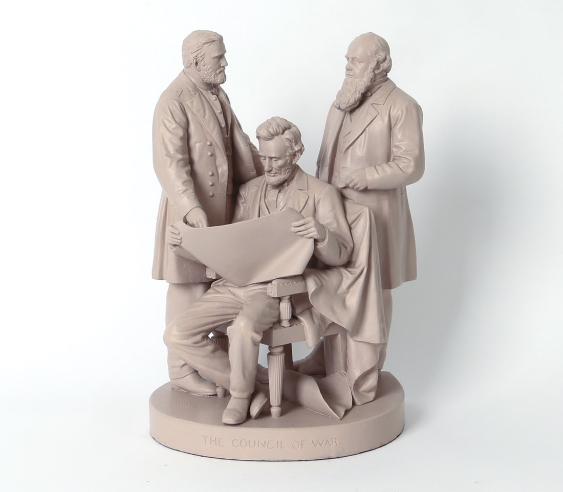 AFTER JOHN ROGERS COUNCIL OF WAR LINCOLN SCULPTURE: Limited edition 3/15 by Melvin Zapata Studio in New York in 2010. Patented in March 31, 1868. Cast-plaster sculpture with President Abraham Lincoln studying a map, flanked by General Ulysses S. Grant 
