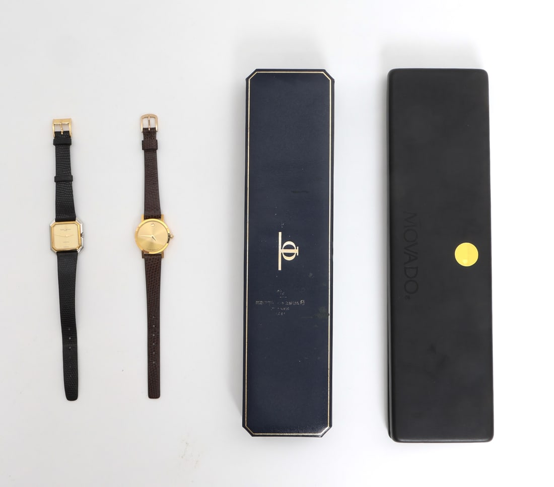 BAUME & MERCIER AND MOVADO WATCHES: Movado wrist watch with calfskin band. In original case with original booklet, dated 1993. Together with Baume & Mercier watch with leather band. In original case with original booklet and paperwork. 