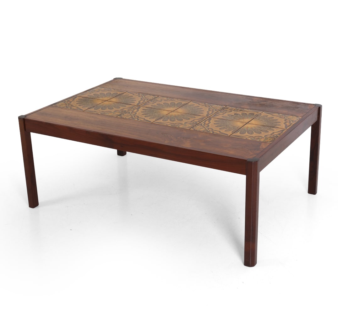 KVALITET STYLE DANISH ROSEWOOD & TILE COFFEE TABLE: Rosewood coffee table with ceramic tiles inlaid to top. Denmark, circa 1970s. Dimensions: H 19.5" x W 49.75" x D 34". Condition: Faint scuffs and scratches, few water spots to wood. Wear consistent wi