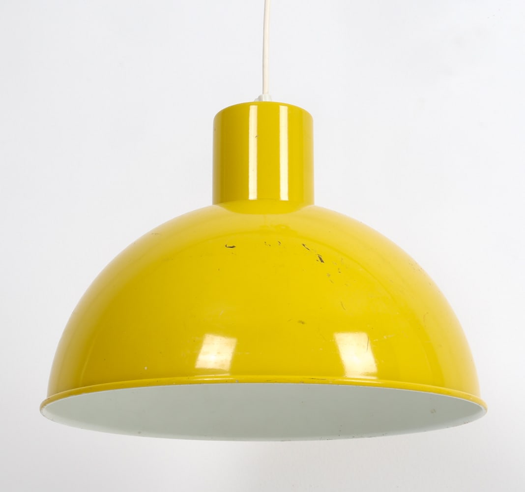 JOHANNES HAMMERBORG FOR FOG & MORUP PENDANT LAMP: Model "Bunker" ceiling lamp with a dome-shaped shade in enamel-coated metal frame. Denmark, circa 1970s. Dimensions: H 10" x Dia 13" Condition: Wear consistent with age and use. Untested, Scuffs, rubs