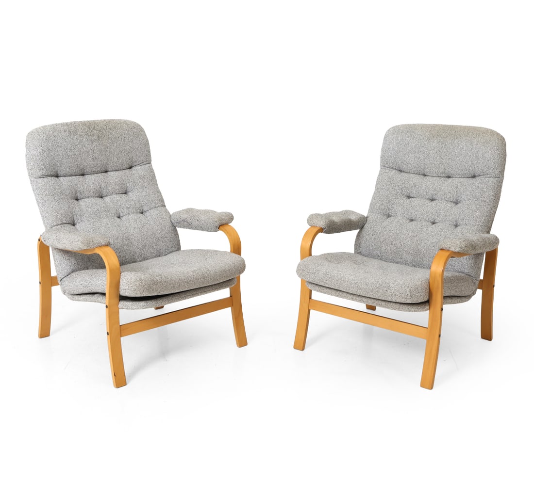 PAIR STYLE OF ANDERSSONS SWEDISH LOUNGE CHAIRS: Two lounge chairs with button tufted cushions and bentwood beech frame. Sweden, circa 1970s. Dimensions: H 35" x W 25" x D 29" x SH 18" Condition: Wear consistent with age and use. Some nicks, scuffs 