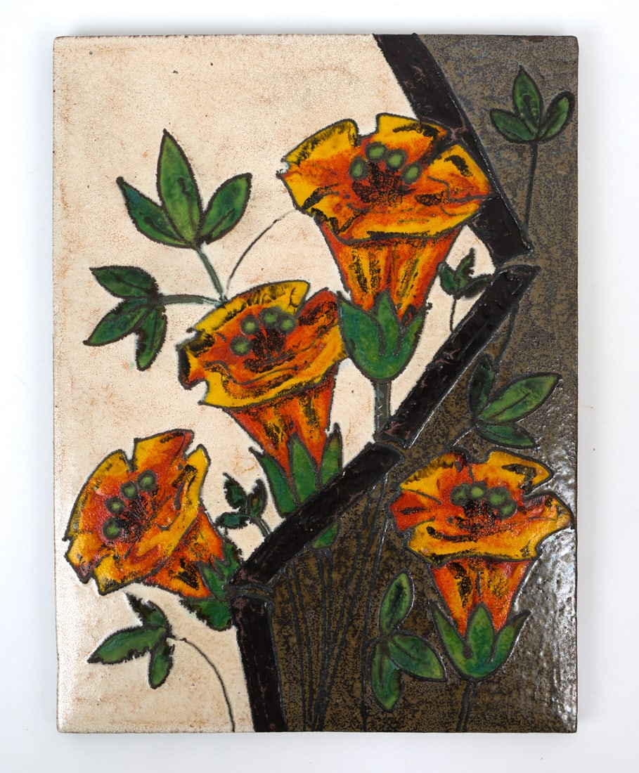 RUSCHA BANDGEMALT GERMAN CERAMIC TILE ART 1960S: A glazed ceramic relief by Ruscha Bandgemalt. Maker mark to back side. Germany, circa 1960's. Dimensions: H 18.5" x W 14" Condition: Wear consistent with age and use. PS212 0