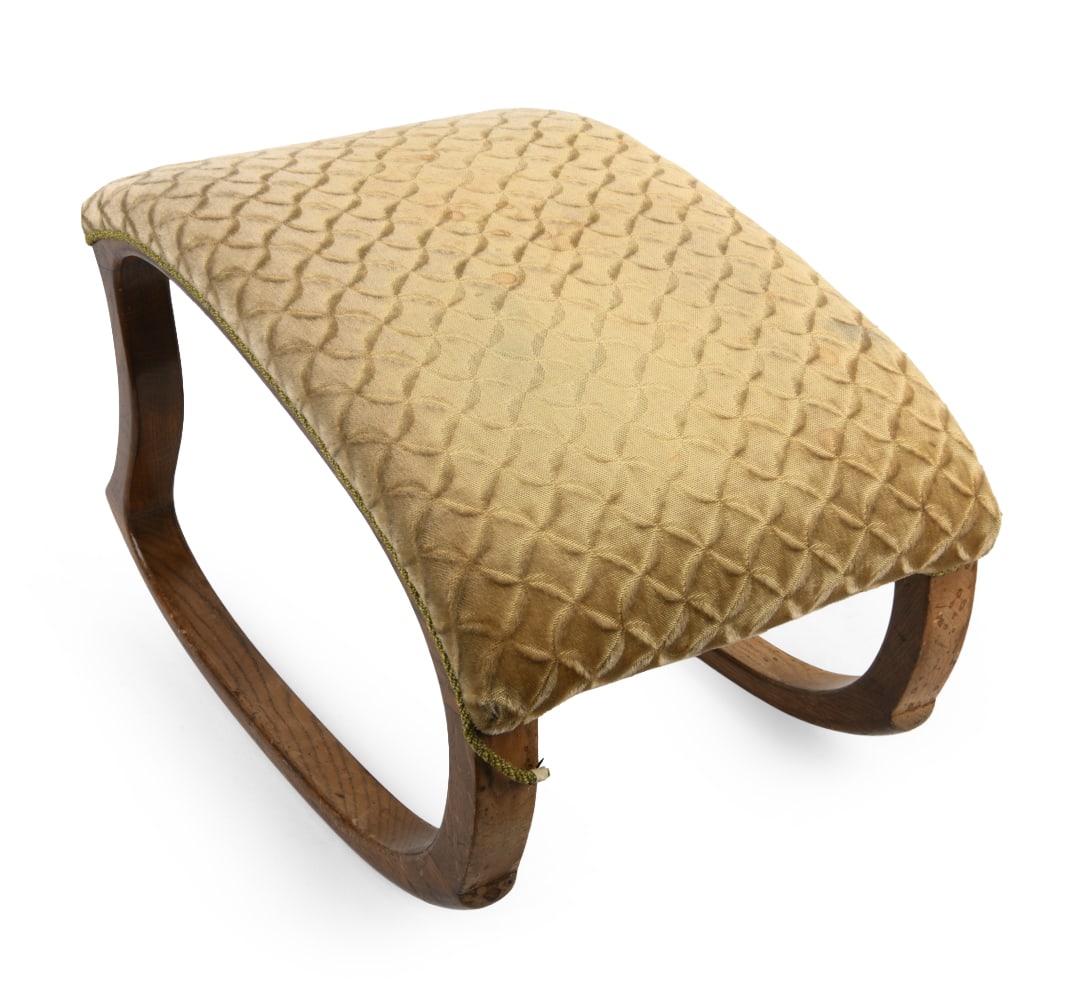 OTTO FAERGE FOR SLAGELSE DANISH OTTOMAN C. 1940S: For Slagelse Mobelverk. Rocking footstool in sculptural form. Stained beech frame and yellow beige upholstered cushions with cord detail. Marked underneath with number 16. Denmark, circa 1940s. Dimens