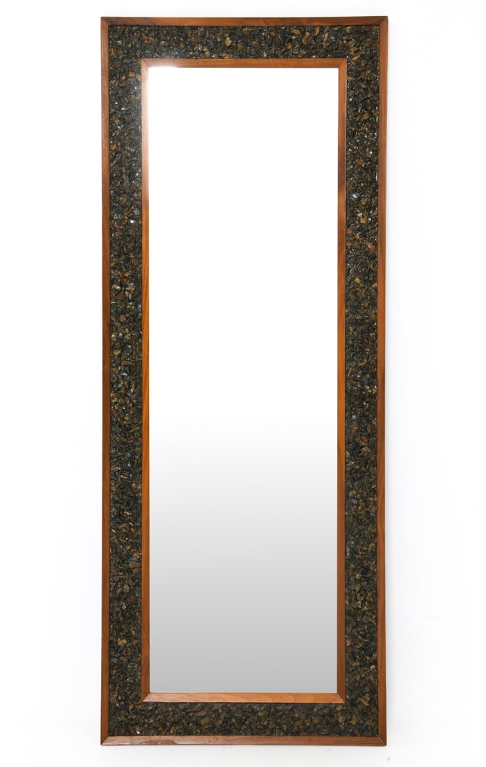 SCANDINAVIAN TEAK AND STONE WALL MIRROR C. 1970S: Features teak frame & stone mosaic details. Scandinavian, circa 1970's. Dimensions: H 44" x W 17.5" Condition: Wear consistent with age and use including nicks, scuffs to frame. PS097