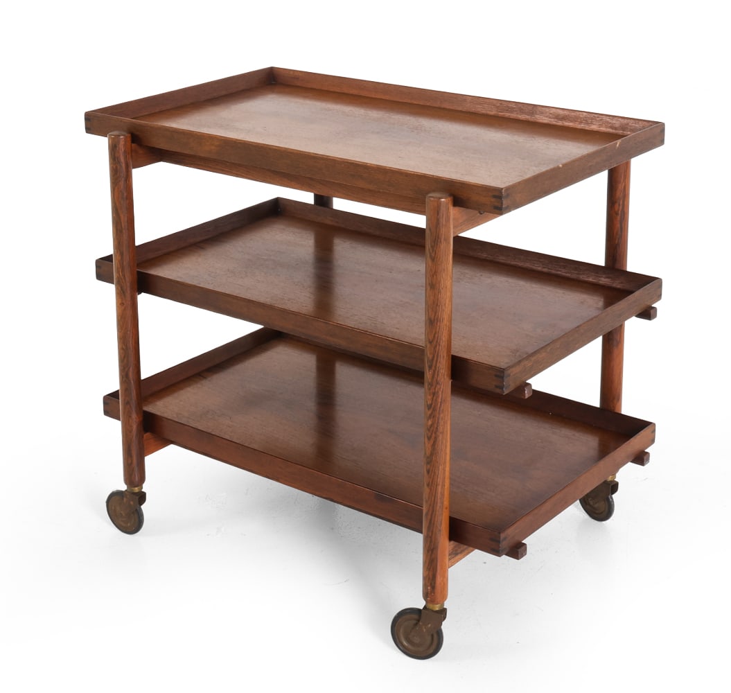 POUL HUNDEVAD DANISH ROSEWOOD BAR CART 1960S: Marked underneath. Denmark, circa 1960s. Dimensions: H 26.75" x W 29" x D 20" Condition: Wear consistent with age and use. Patina to hardware. Minor scratches. DA_143