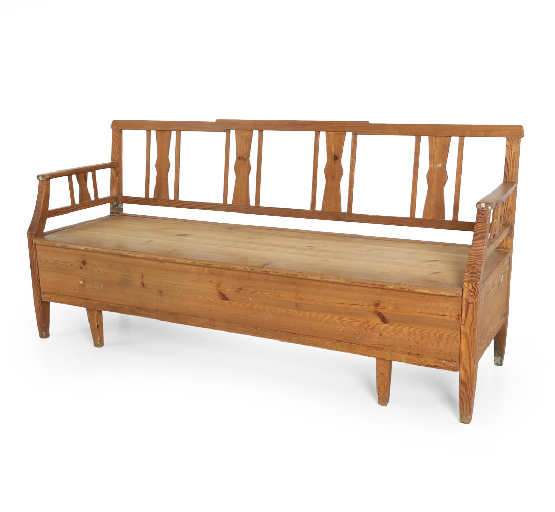 ANTIQUE SWEDISH PINE BENCH: Dimensions: H 34.5" x W 73" x D 23" S.H. 17.5" Condition: Showing signs of wear including previous repairs to arm rests, scratches and scuffs to finish. DA_47