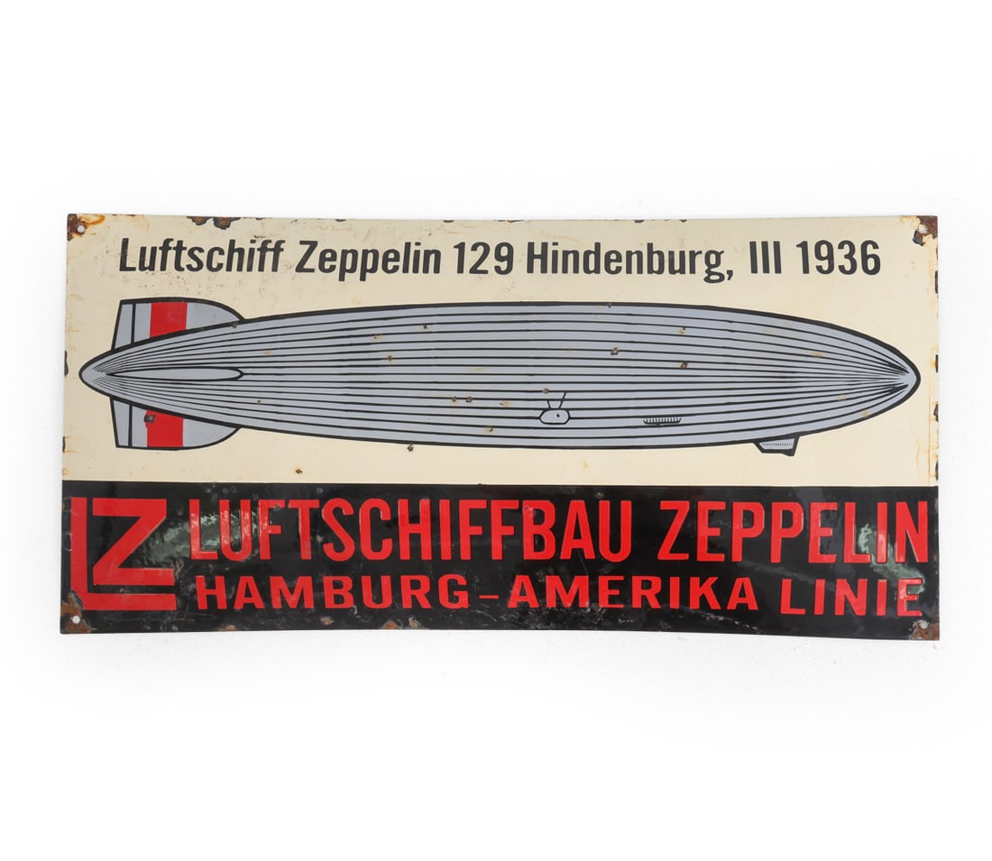 1936 ZEPPELIN HAMBURG-AMERIKA LINIE ENAMELED SIGN: Advertising enameled sign. Germany, dated 1936. Dimensions: H 13.5" x W 28" x D 2" Condition: Wear consistent with age and use. Oxidizing, loss to edges, dings. DA_179
