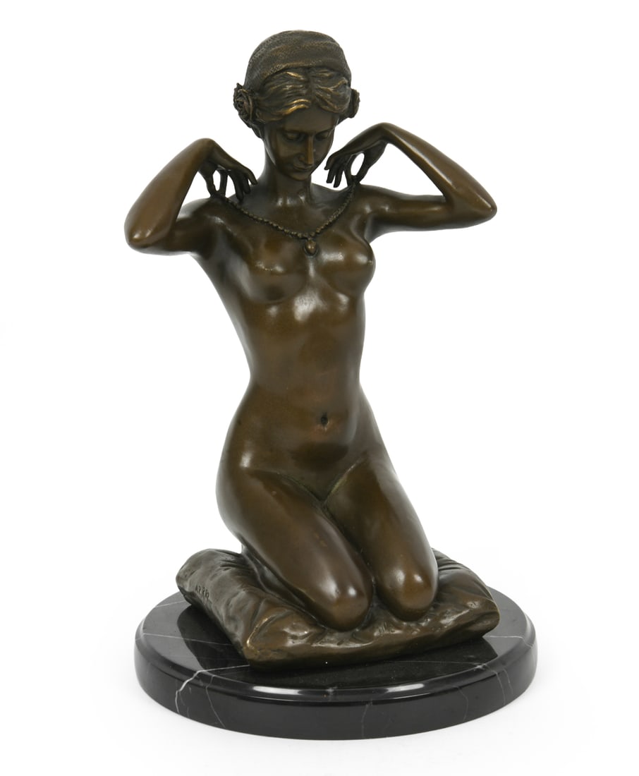 PAUL PONSARD FRENCH BRONZE NUDE SCULPTURE: Bronze nude lady sculpture on a marble base. Signed to base of figure with foundry mark. Dimensions: H 12" x W 7" x D 7". Condition: Wear consistent with age, including patina and handling marks. DA_1