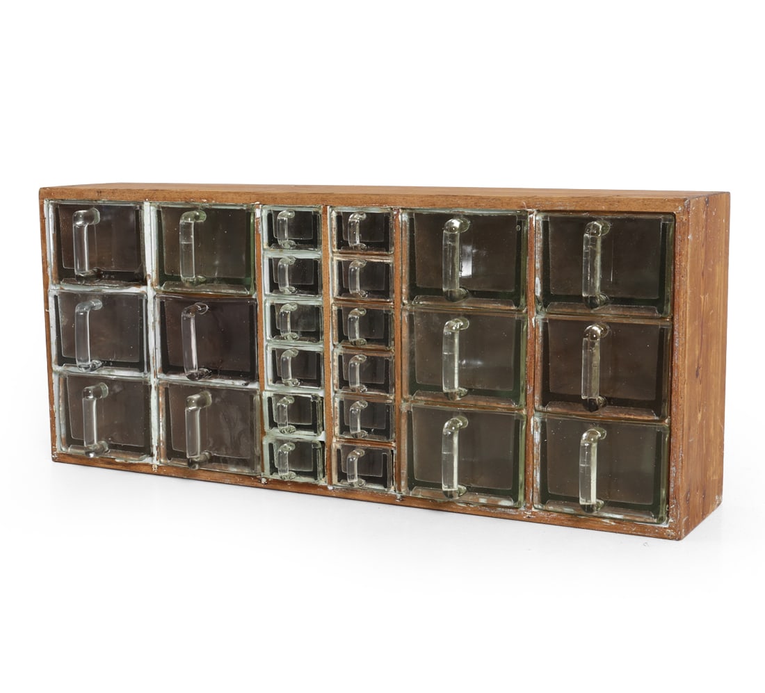 ANTIQUE DANISH PINE & GLASS SPICE RACK CHEST: Dimensions: H 14" x W 32.25" x D 6.75" Condition: Paint marks, fading to sides. Wear consistent with age and use. DA_132