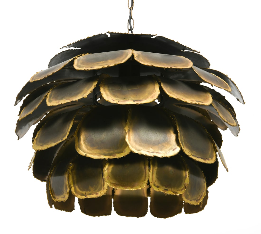 SVEND AAGE HOLM SORENSEN DANISH BRASS PENDANT LAMP: Denmark, circa 1960s. Dimensions: H 11.75" x Dia. 17.25". Condition: Wiring untested. Patina to brass. Wear consistent with age and use. DA_184