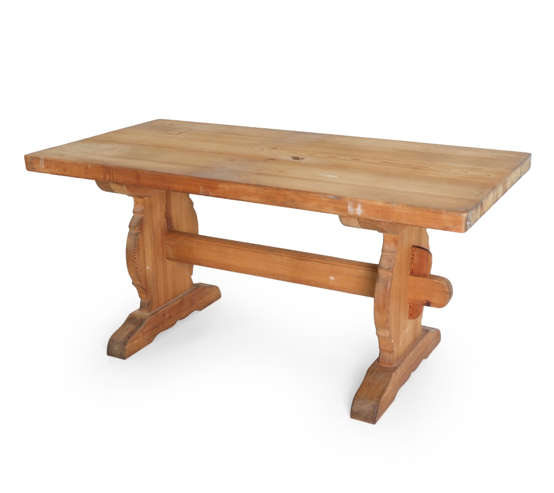 ATTR. KROGENAES NORWEGIAN PINE DINING TABLE: Apparently unmarked. Norway, 20th century. Dimensions: H 30" x W 62" x D 32" Condition: Staining and watermarks. Wear consistent with age and use, including scratches. Separation and shrinkage gap vis