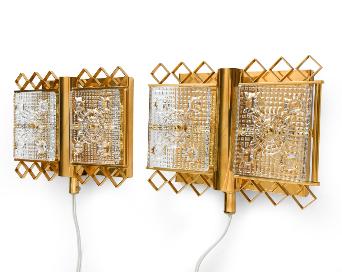 PAIR OF CARL FAGERLUND FOR ORREFORS SCONCES: Collaboration with MPR Denmark. Tagged on backs. Denmark, circa 1960s. Dimensions: H 7" x W 8.75" x D 2.25". Condition: Wiring untested. Wear consistent with age and use. DA_189