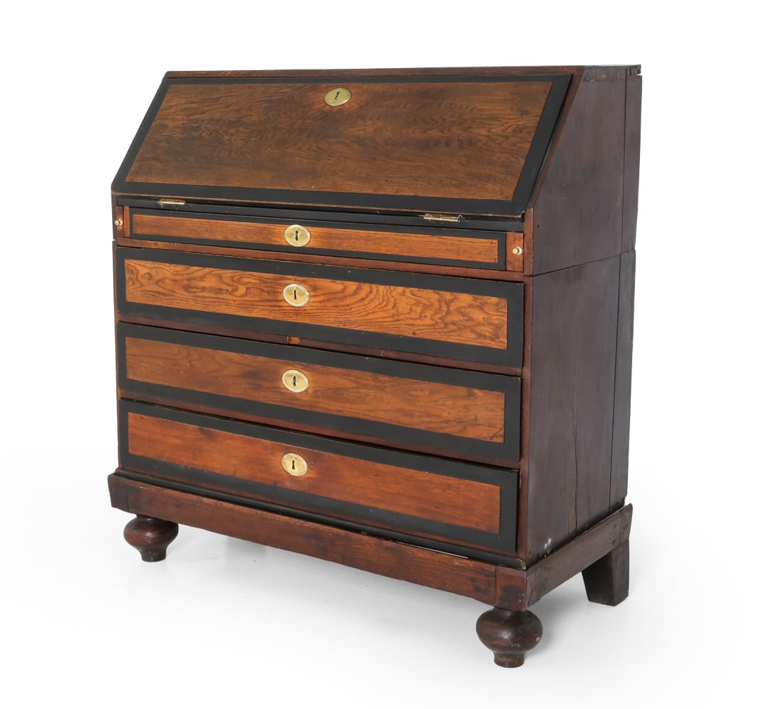ANTIQUE SCANDINAVIAN OAK SECRETARY CHEST: Key included. Antique oak secretary desk. Black painted edge details and brass hardware. On turned bun feet. Scandinavian. Dimensions: H 47" x W 43" x D 20" DA_39