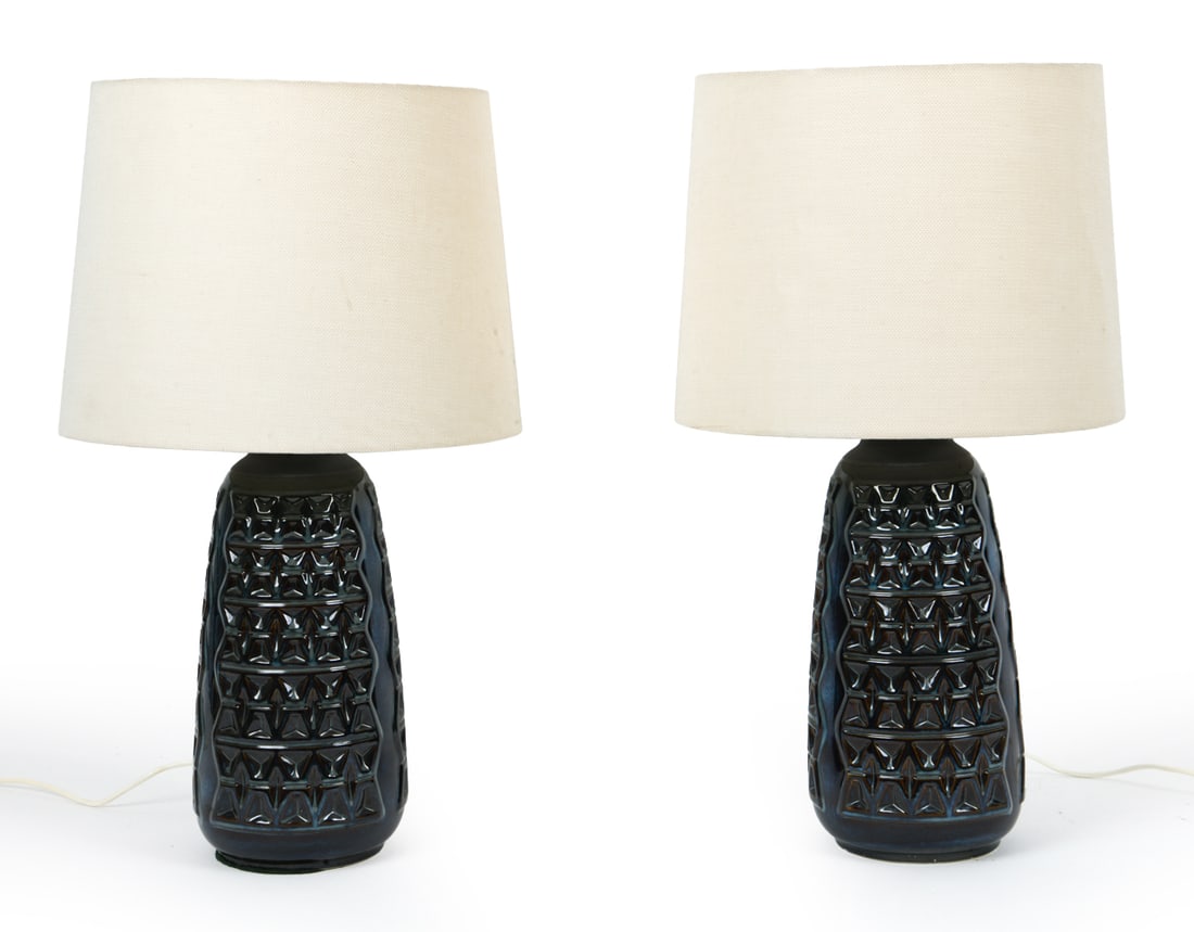 PAIR OF EINAR JOHANSEN SOHOLM CERAMIC TABLE LAMPS: Marked underneath. Denmark, circa 1970s. Dimensions: H 23" x Dia. 7.25". Condition: Wiring untested. Wear consistent with age and use, including finish loss to shade and scratches. DA_98