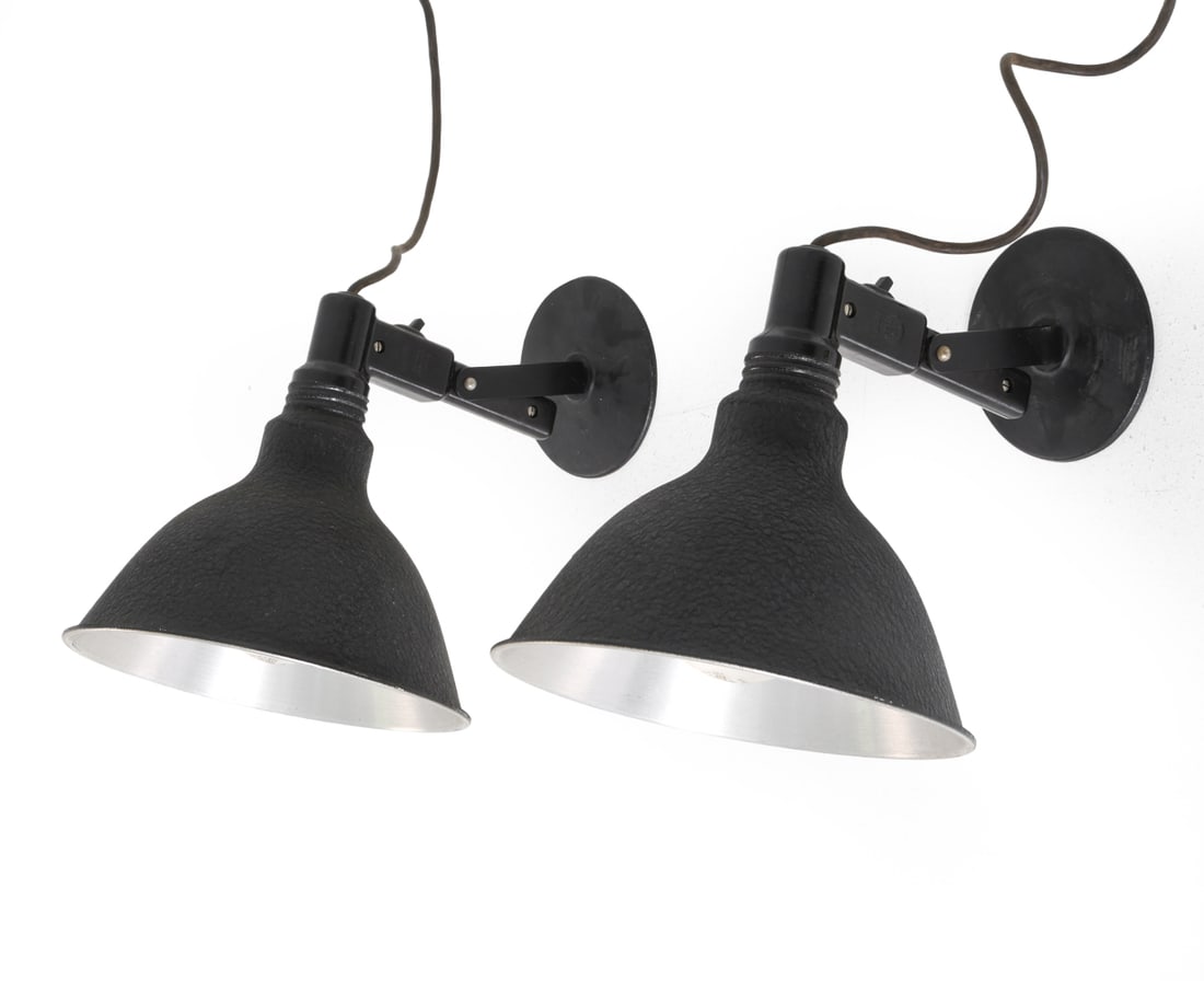 PAIR OF DANISH ELWIS B500 INDUSTRIAL STYLE SCONCES: Made from aluminum, steel and bakelite. Marked to brackets. Circa 1960s. Dimensions: H 10" x W 8.5" x D 11". Condition: Wiring untested. Light scratches. Wear consistent with age and use. DA_205