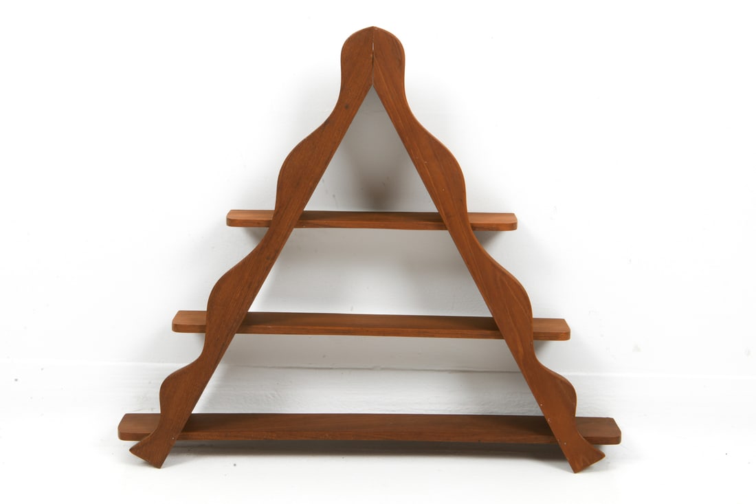 MANNER OF PEDER MOOS DANISH TEAK A-FRAME SHELF: Dimensions: H 19" x W 23.5" x D 3.75" Condition: Wear consistent with age and use. DA_106
