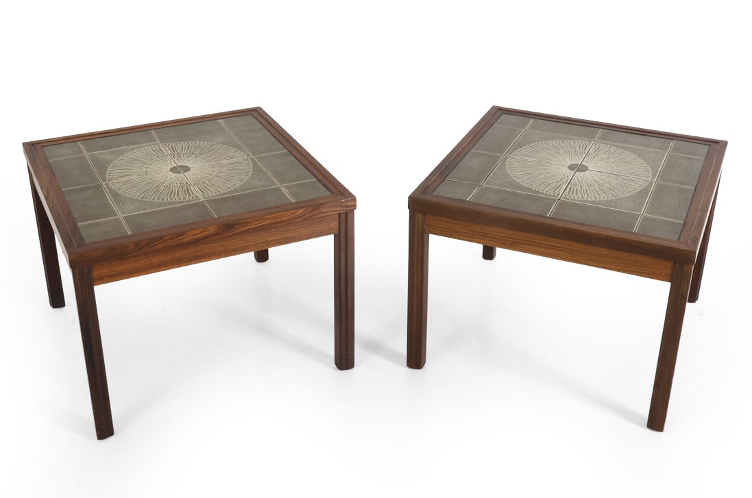 PAIR OF KVALITET ROSEWOOD & TILE SIDE TABLES: Partial label marked underneath. Denmark. Dimensions: H 20.75" x W 27.5" x D 27.5" Condition: Areas of fading and scratches. Wear consistent with age and use. DA_124