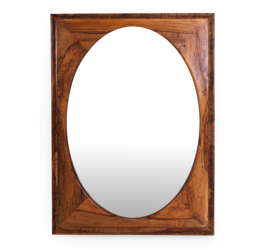 SCANDINAVIAN WALNUT WALL MIRROR: Walnut wall mirror with oval shaped glass. Scandinavian. Dimensions: H 36" x W 25" (Mirror) H 31" x W 21" Condition: Wear consistent with age and use. Some scuffs to frame. DA_118
