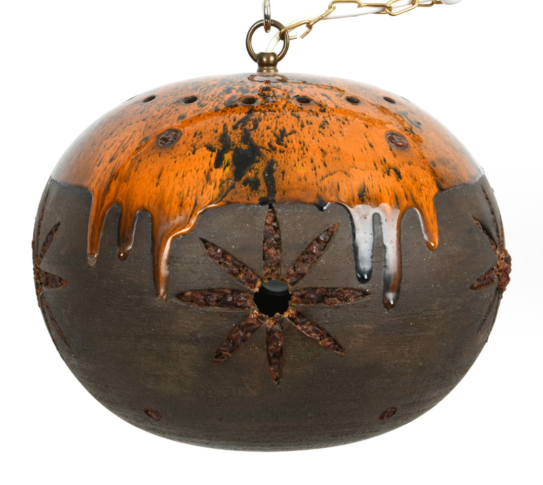 BRUTALIST STYLE CERAMIC GLAZED PENDANT LIGHT: Dimensions: H 12" x Dia. 12.25". Condition: Wiring untested. Losses to flower detail. Wear consistent with age and use. DA_227