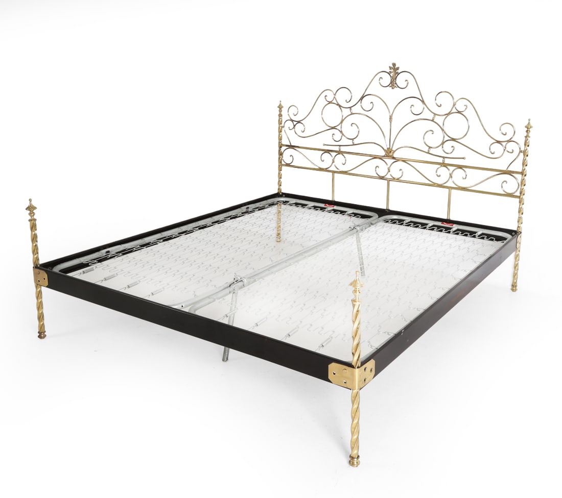 ONDAFLEX ITALIAN BRASS KING BED FRAME: Marked to frame. Includes hardware. Italy, circa 1960s. Dimensions: H 52" x W 68" x D 78" Condition: Currently disassembled. Wear consistent with age and use. Patina and scratches. DA_111
