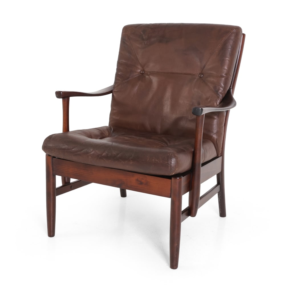FARSTRUP "CASA" DANISH LEATHER LOUNGE CHAIR 1960S: Mid-century lounge chair in beech. Apparently unmarked. Denmark, circa 1960s. Dimensions: H 32" x W 22" x D 29" x SH 17" Condition: Some distress. Wear consistent with age and use. Creasing. DA_178