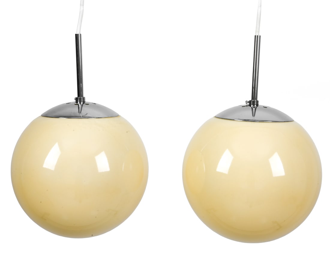 PAIR OF CHROME & GLASS ORB PENDANT LIGHTS (1 of 7)