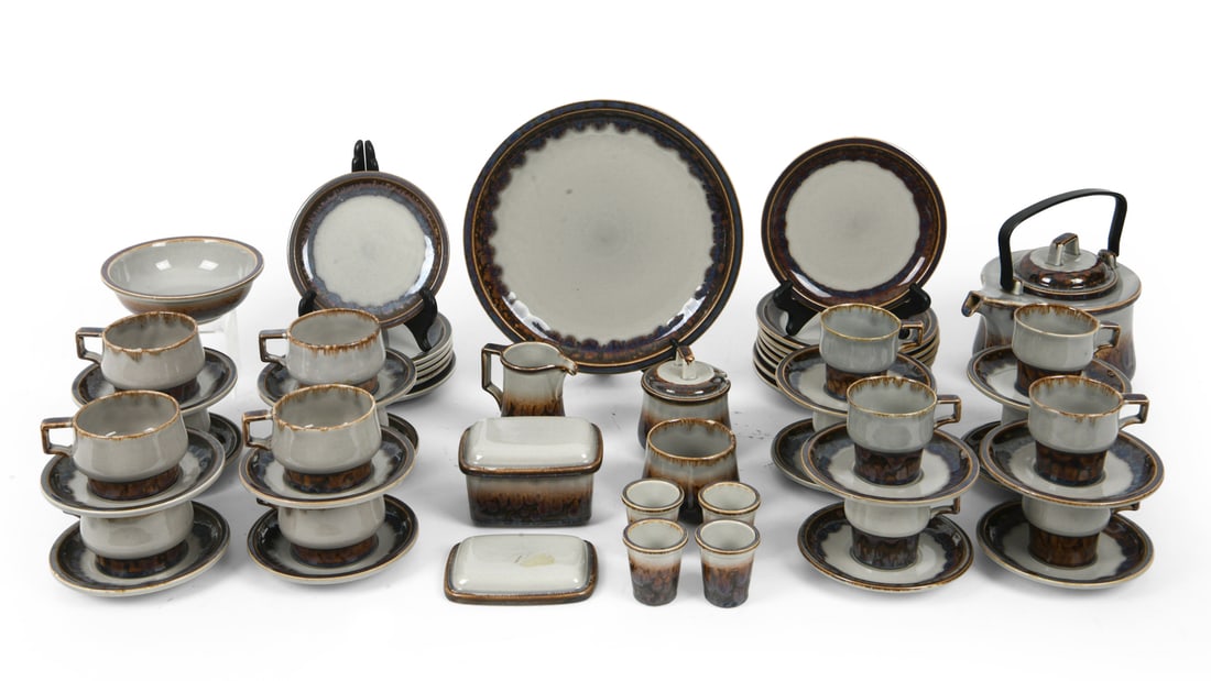 JENS QUISTGAARD FOR B&G STONEWARE CERAMIC SERVICE: Includes a kettle, saucers, teacups, and dishes. Marked on undersides. Dimensions: (Largest) H 1.75" x Dia 11" DA_1