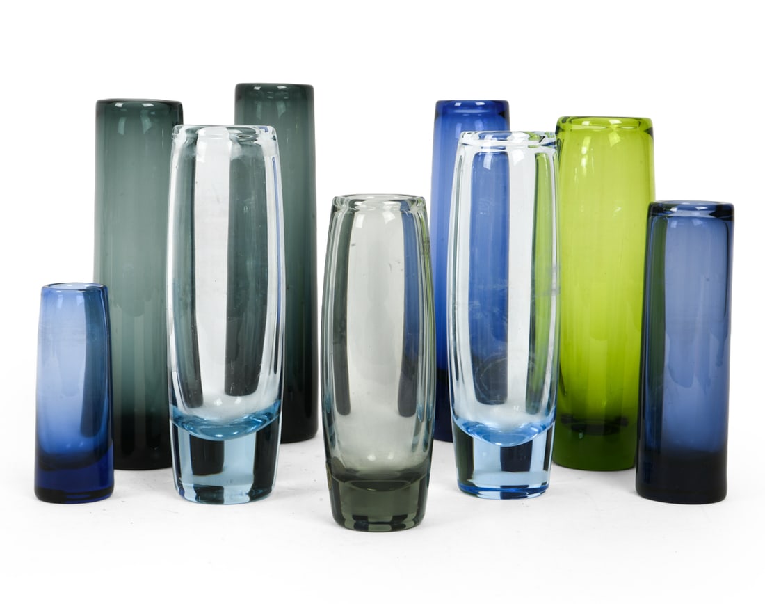 PER LUTKEN FOR HOLMEGAARD GLASS VASE GROUPING: (9) Pieces total. Marked on undersides. Denmark, circa 1960s. Dimensions: (Tallest) H 9.5" x Dia 2.5" Condition: Scratches and handling marks. DA_12