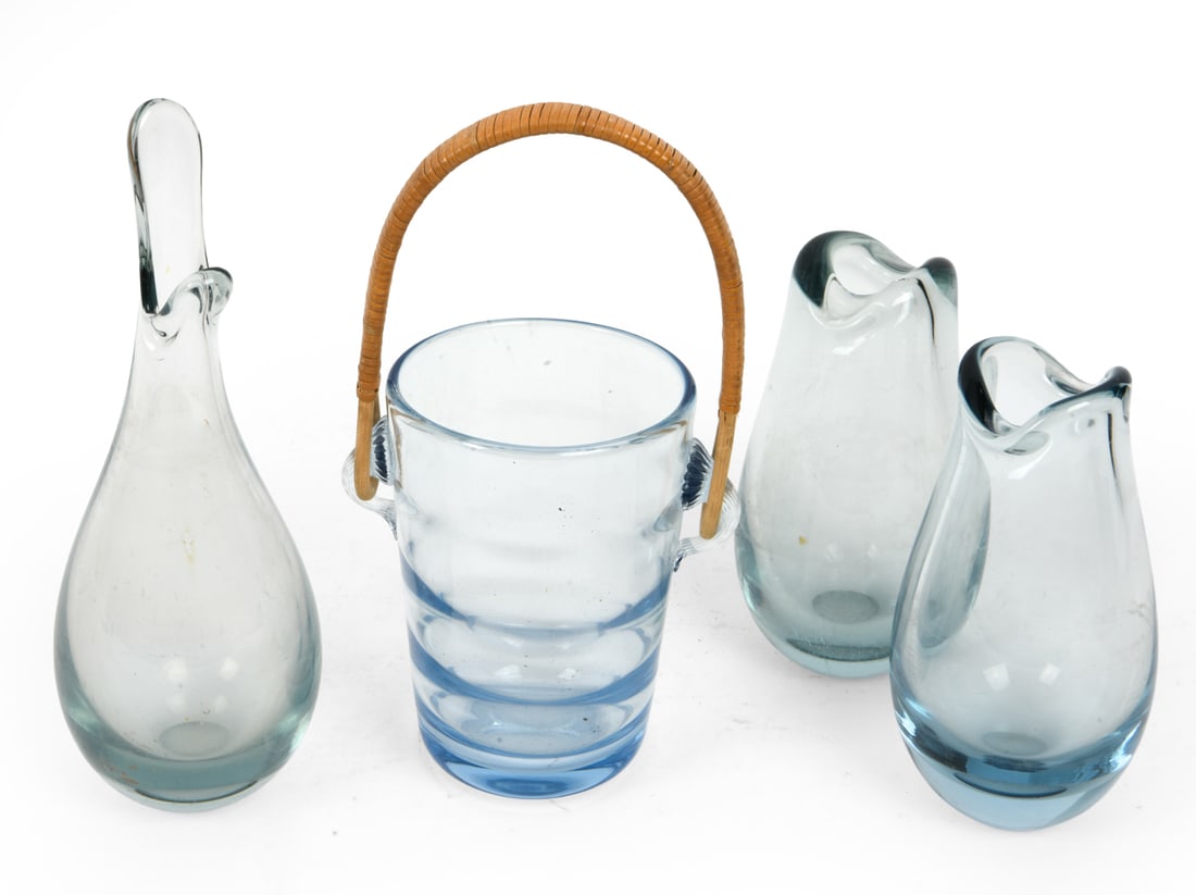 PER LUTKEN FOR HOLMEGAARD GLASS GROUPING: (4) Pieces total. Marked on undersides. Denmark, circa 1960s. Dimensions: (Tallest) H 10.25" x Dia 3.5" Condition: Discoloration and scratches. DA_10