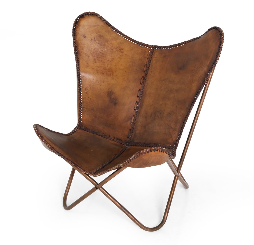 HARDOY STYLE LEATHER BUTTERFLY CHAIR: Copper plated frame, Contemporary Dimensions: H 34" x W 26" x D 26" x SH 12" DA_29