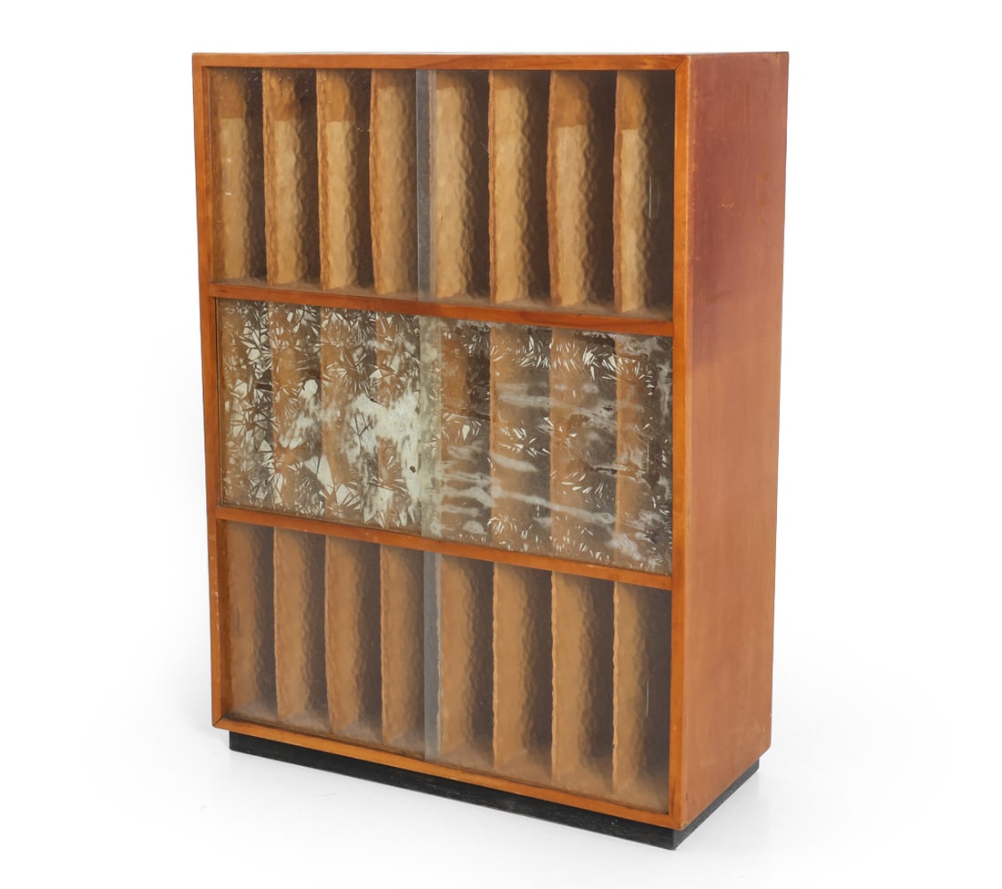 DANISH TEAK & GLASS MEDIA CABINET C. 1960S: Teak cabinet with textured glass sliding doors. Three tiered sections with divided interior compartments. Denmark, circa 1960s. Dimensions: H 44.5" x W 32.5" x D 14.5" Condition: Rubs to top. Soiling
