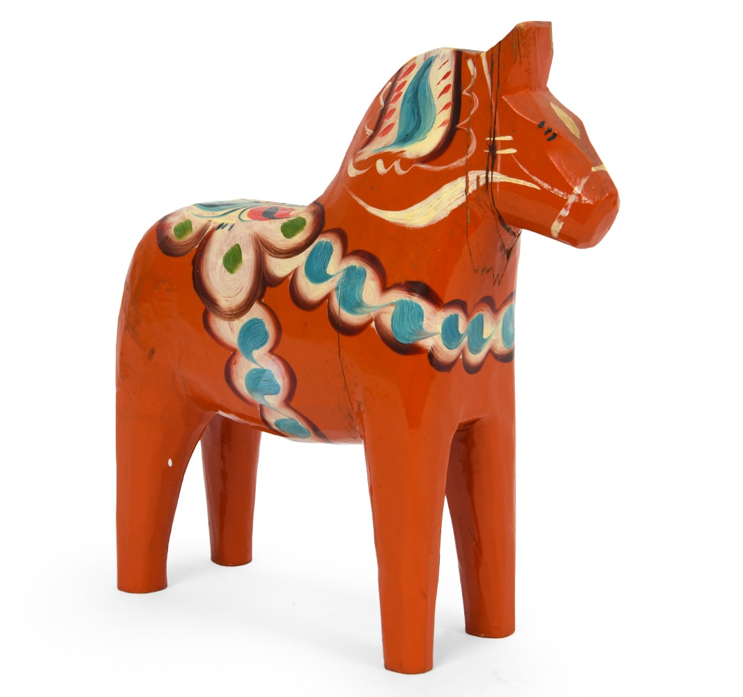LARGE SWEDISH PAINTED PINE DALA HORSE: Dimensions: H8.5" x W 8" x D 3.75" Condition: Stress cracks, previous repair to head. Wear consistent with age and use. DA_195
