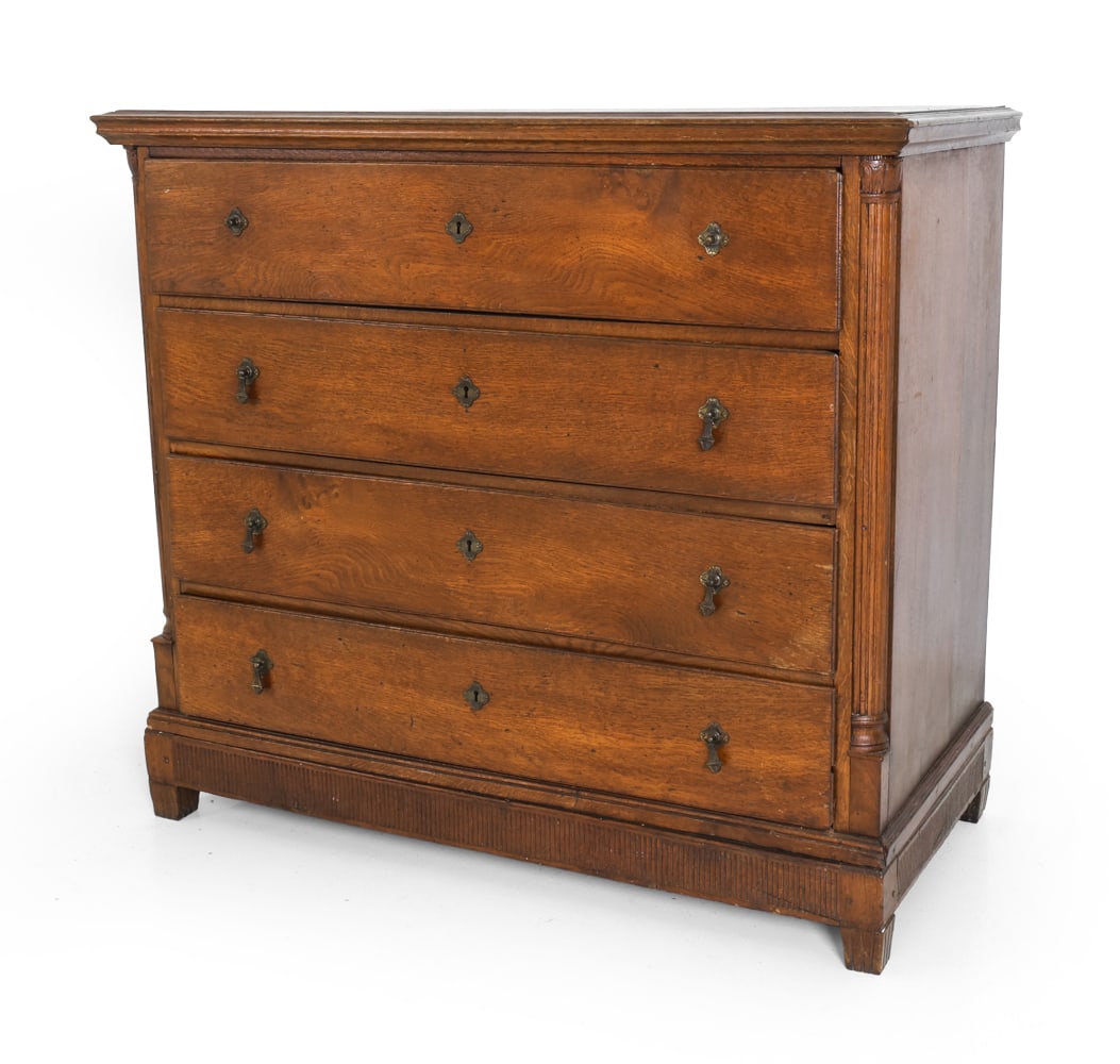 ANTIQUE OAK CHEST OF DRAWERS 19TH C.: Dimensions: H 41.5" x W 46.5" x D 21.75" Condition: Lacking top pulls. Drawers stiff. Wear consistent with age and use, including scuffs and soiling. DA_134