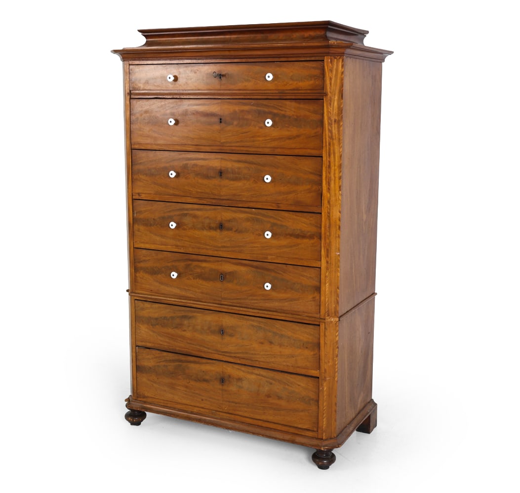 ANTIQUE SCANDINAVIAN MAHOGANY TALL CHEST: Key included. Dimensions: H 65" x W 40" x D 21" Condition: Loss to bottom left front corner and edge. Wear consistent with age and use. Scuffs and rubs. DA_173