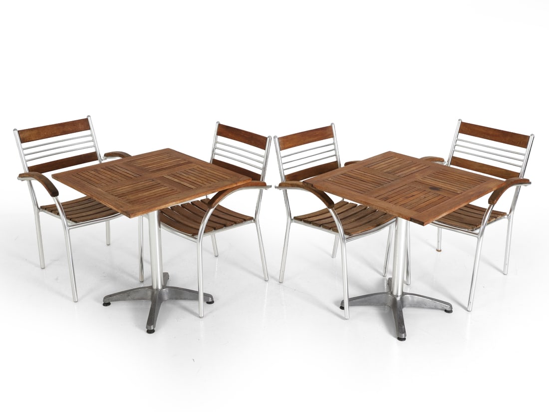 SCANDINAVIAN TEAK GARDEN TABLES & CHAIRS: (4) teak and metal chairs with two tables. Dimensions: (table) H 28.5" x W 27.5" x D 27.5" (chair) H 33.5" x W 22" x D 17" S.H. 17" Condition: Showing signs of wear including couple missing finishing 