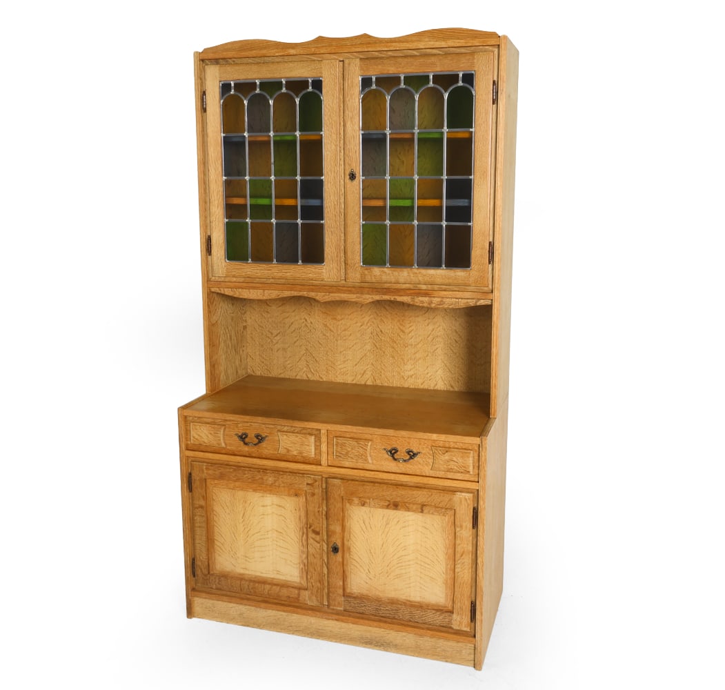 KJAERNULF STYLE DANISH OAK & STAINED GLASS CABINET: Two pieces. Key included. Denmark, circa 1960s. Dimensions: H 71.5" x W 38" x D 19" Condition: Wear consistent with age and use. Dings and scuffs. DA_154