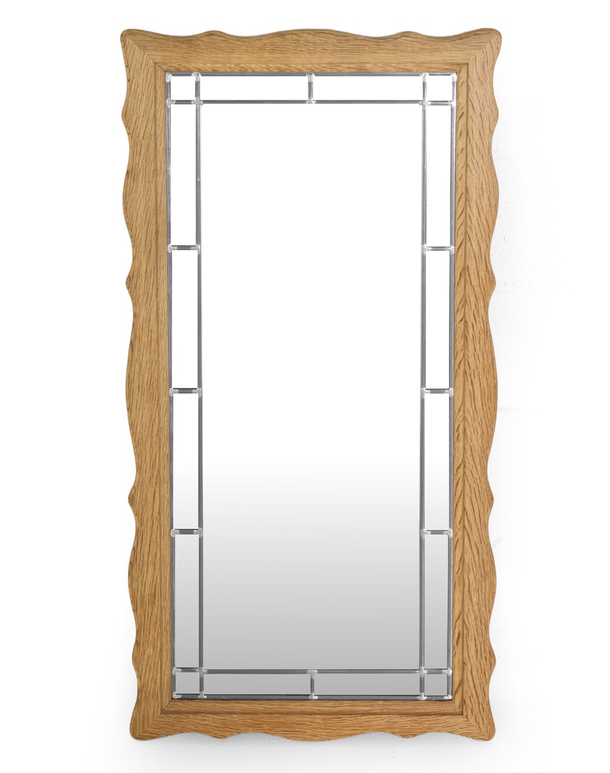 EJSO MOBLER DANISH OAK WALL MIRROR C. 1960S: Wall mirror in carved oak. Marked to back. Denmark, circa 1960's. Dimensions: H 42" x W 20" Condition: Wear consistent with age and use. Minor scuffs to corners. DA_144