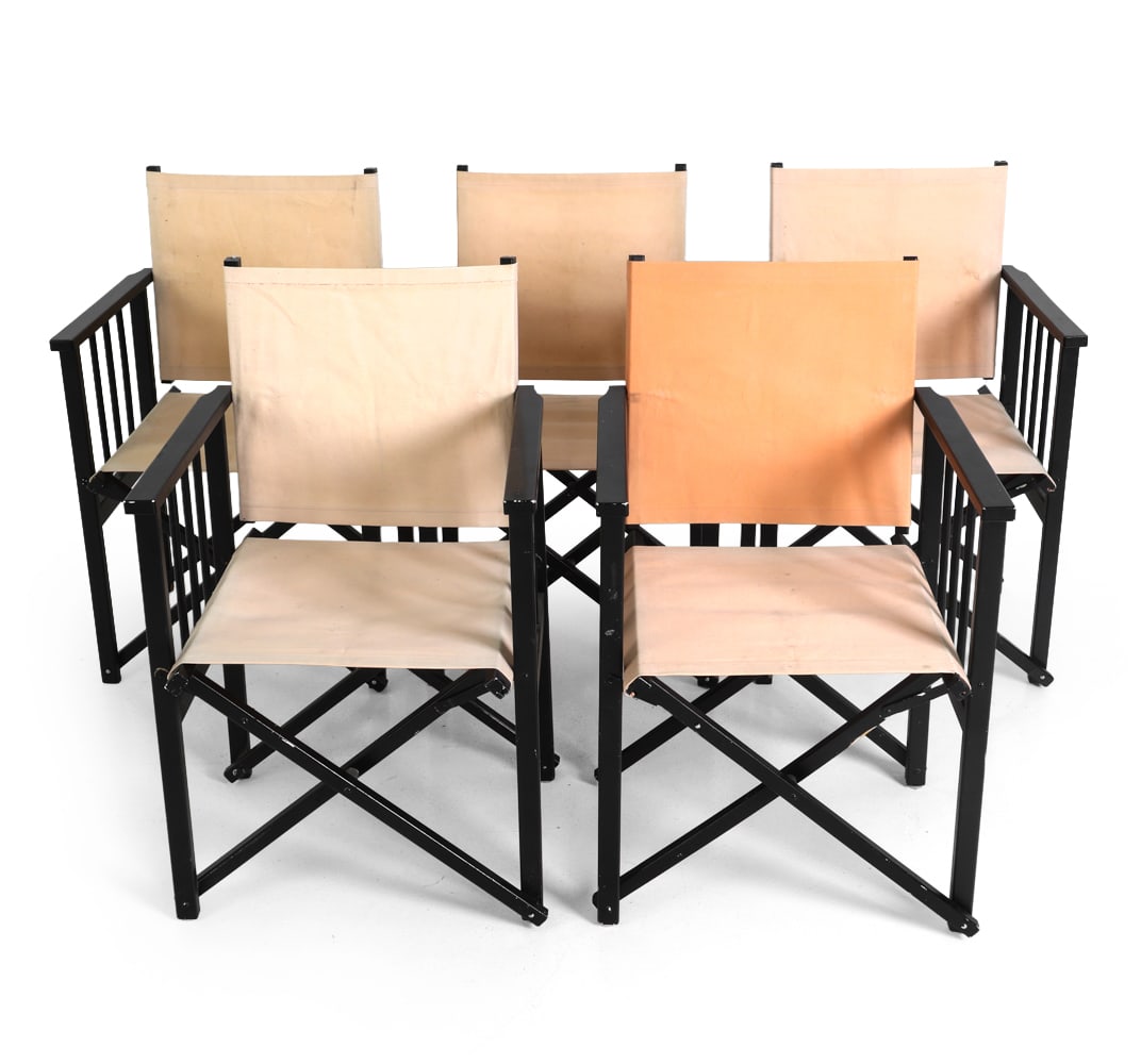 (5) HYLLINGE MOBLER BEECH DIRECTORS CHAIRS: Foldable chairs in painted beech. Apparently unmarked. Denmark, circa 1960's. Dimensions: H 34.5" x W 21.5" x D 19" S.H. 17.5" Condition: Discoloration. Wear consistent with age and use, including scu