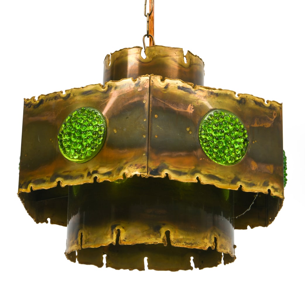 SVEND AAGE HOLM SORENSEN PENDANT LIGHT 1960S: Apparently unmarked. Burnished brass with green glass accents. Denmark, circa 1960s. Dimensions: H 10" x Dia. 12.25". Condition: Wiring untested. Wear consistent with age and use, including patina and