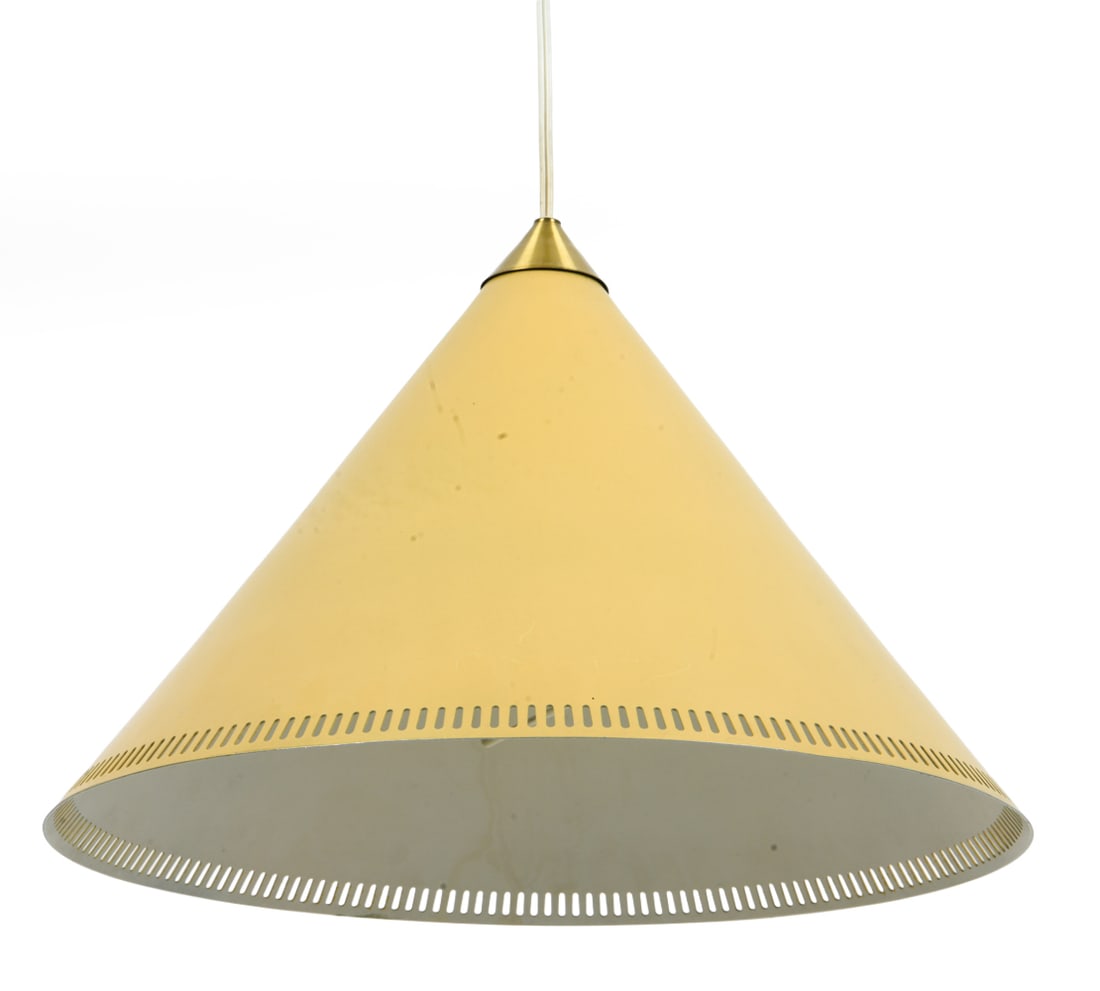 BENT KARLBY LYFA THE CONE DANISH PENDANT LIGHT: Keglen (The cone) pendant light. Apparently unmarked. Circa 1960s. Dimensions: H 10.5" x Dia. 12.25". Condition: Wiring untested. Small scuffs and scratches. Wear consistent with age and use. DA_100