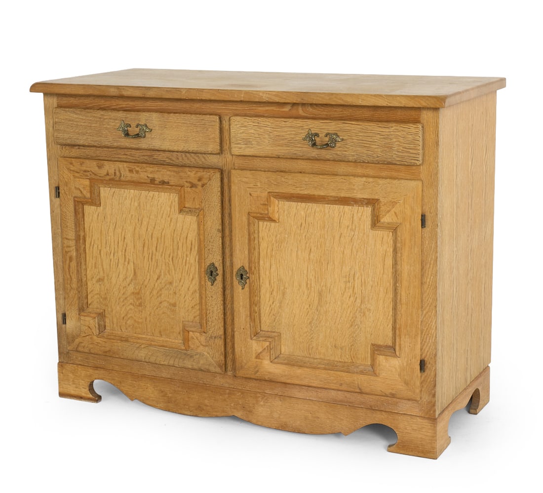 HM MOBLER DANISH OAK CABINET C. 1970S: Stamped on back panel. Includes key. Dimensions: H 31.5" x W 41" x D 17.75" Condition: Watermarks and stains. Wear consistent with age and use. Soiling and scratches. DA_170