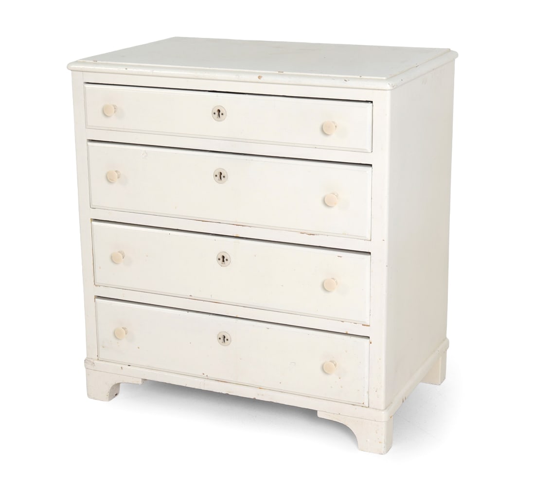 SWEDISH PAINTED PINE CHEST OF DRAWERS: Dimensions: H 29" x W 27.5" x D 17" Condition: Lacking key. Wear consistent with age and use. Finish loss and discoloration. DA_175