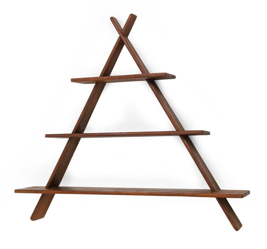 MANNER OF PEDER MOOS DANISH TEAK A-FRAME SHELF: Dimensions: H 19.5" x W 23" x D 4". Condition: White paint marks. Losses to frame. Wear consistent with age and use. DA_107