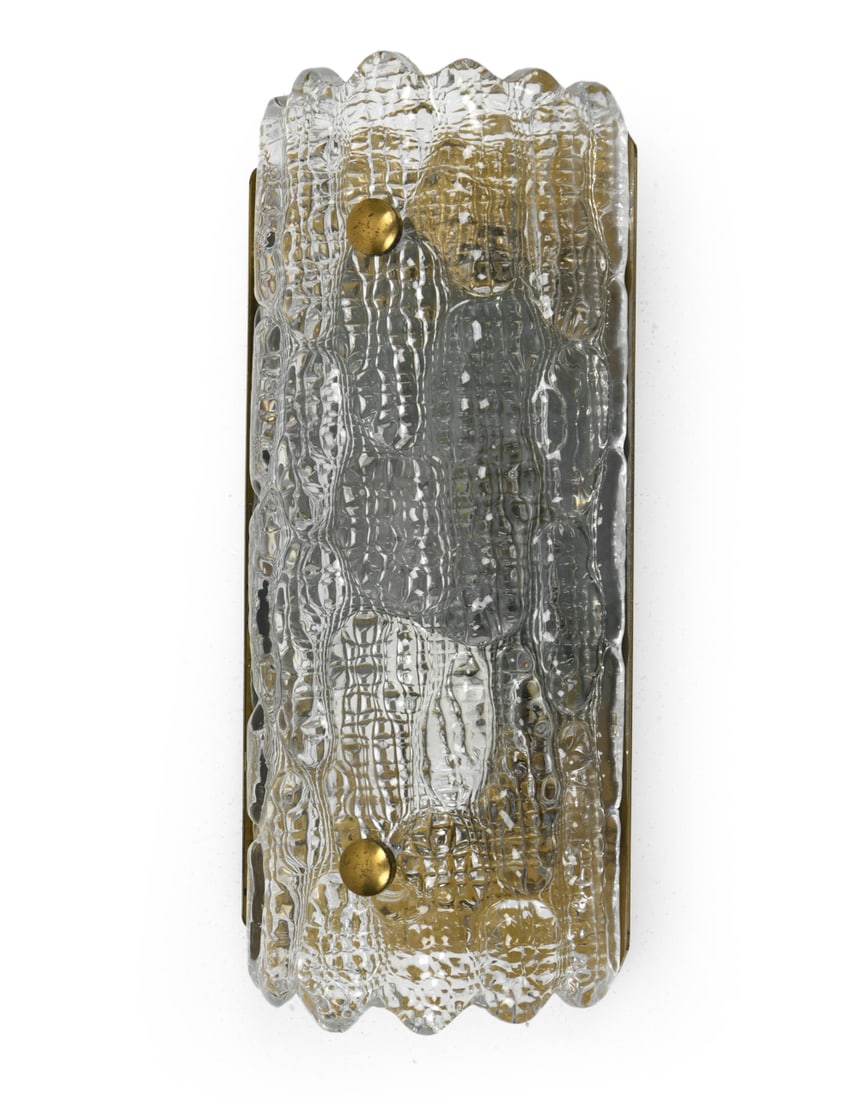 CARL FAGERLUND FOR ORREFORS SWEDISH SCONCE: Glass shade and brass frame. Apparently unmarked. Sweden, circa 1960s. Dimensions: H 11.25" x W 5" x D 3.5". Condition: Wiring untested. Slight patina to brass with white paint marks on back. DA_88