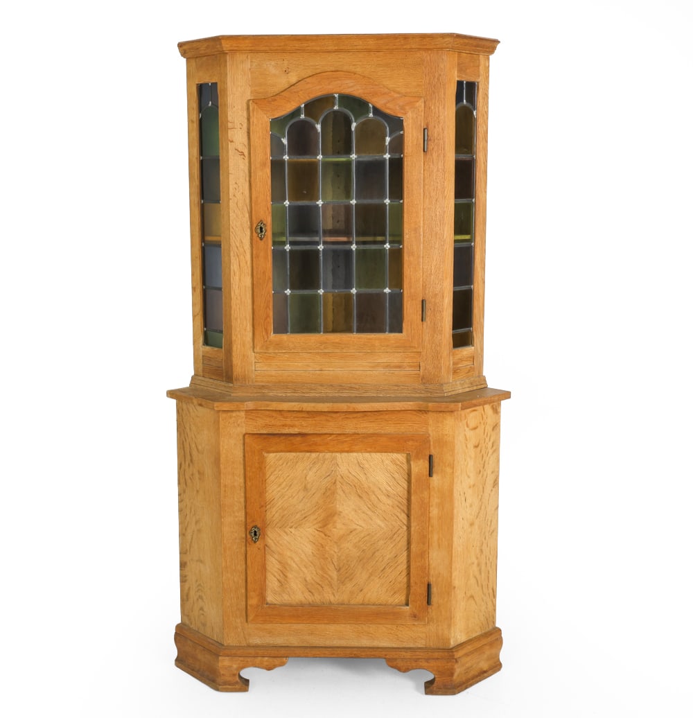 DANISH OAK & STAINED GLASS CORNER CABINET (1 of 19)