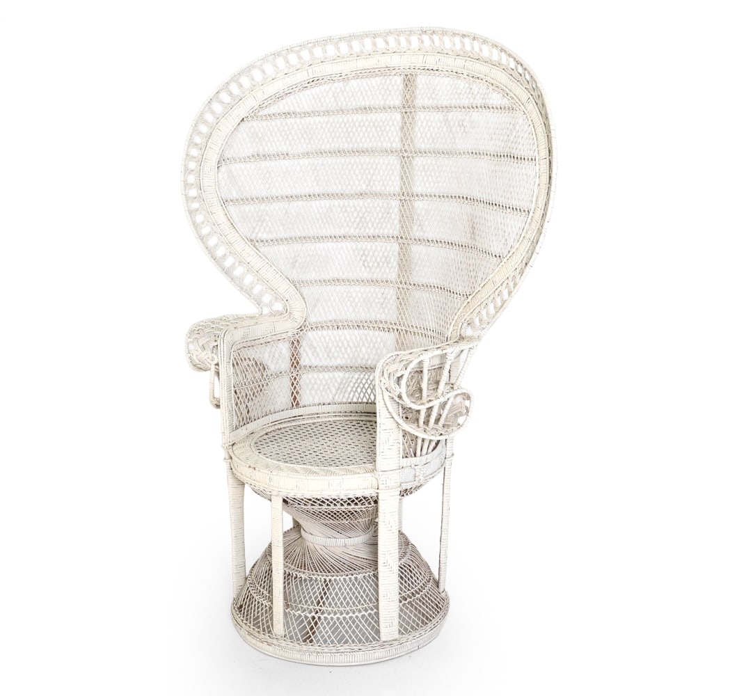 WHITE EMMANUELLE PEACOCK CHAIR C. 1970S: White painted peacock chair in woven rattan and wicker frame. Dimensions: H 59" x W 40" x D 21" x SH 18" Condition: Soiling and losses in places. Wear consistent with age and use, including