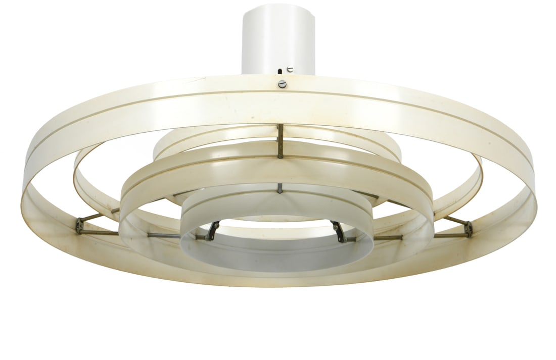 FRANDSEN FOR FOG & MORUP FIBONACCI PENDANT LIGHT: Designed by Sophus Frandsen. Aluminum shade. Apparently unmarked. Denmark, circa 1960s. Dimensions: H 9.75" x Dia. 18.25". Condition: No wiring. Discoloration. Wear consistent with age and use. DA_91