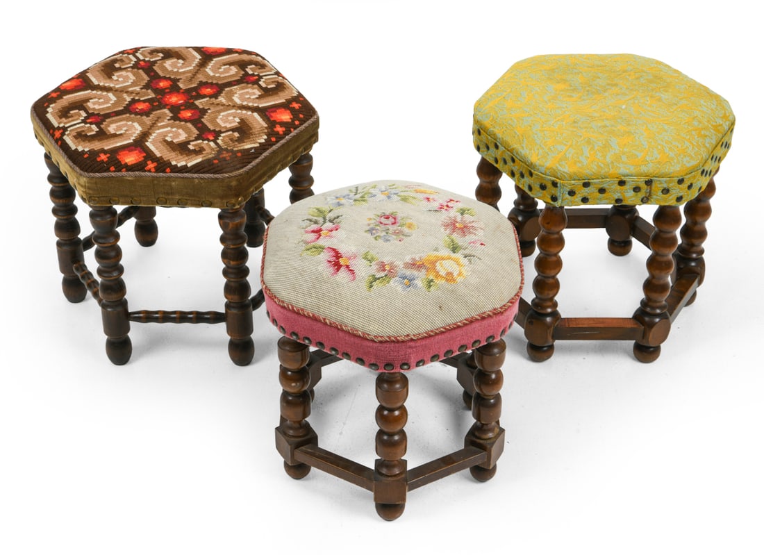 GROUPING OF SCANDINAVIAN OAK STOOLS: Grouping of 3 stools with bobbin turned legs and a variety of upholstered seats. 20th c. Dimensions: H 14" x W 14" Condition: Wear consistent with age and use. Discoloration and minor fraying. Patina 
