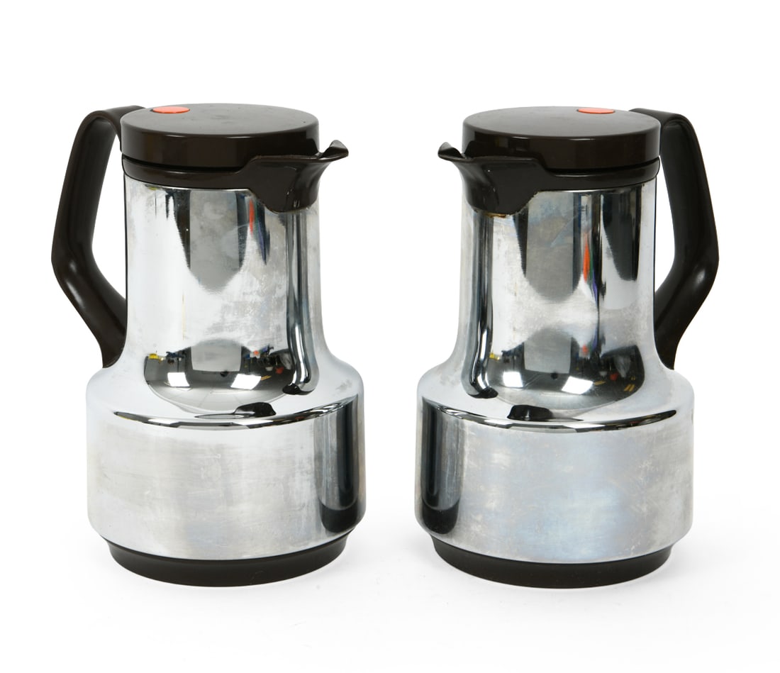 WEST GERMAN COFFEE POTS C. 1960S: Marked on underside. Dimensions: H 9.25" x W 5.5" x D 7.5" Condition: Wear consistent with age and use, including minor scratches. DA_102